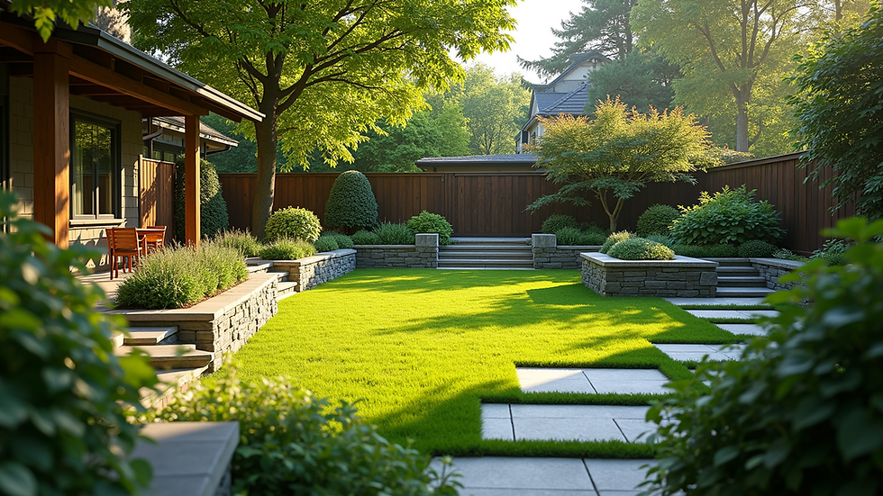 High angle view of a beautifully landscaped yard with retaining walls