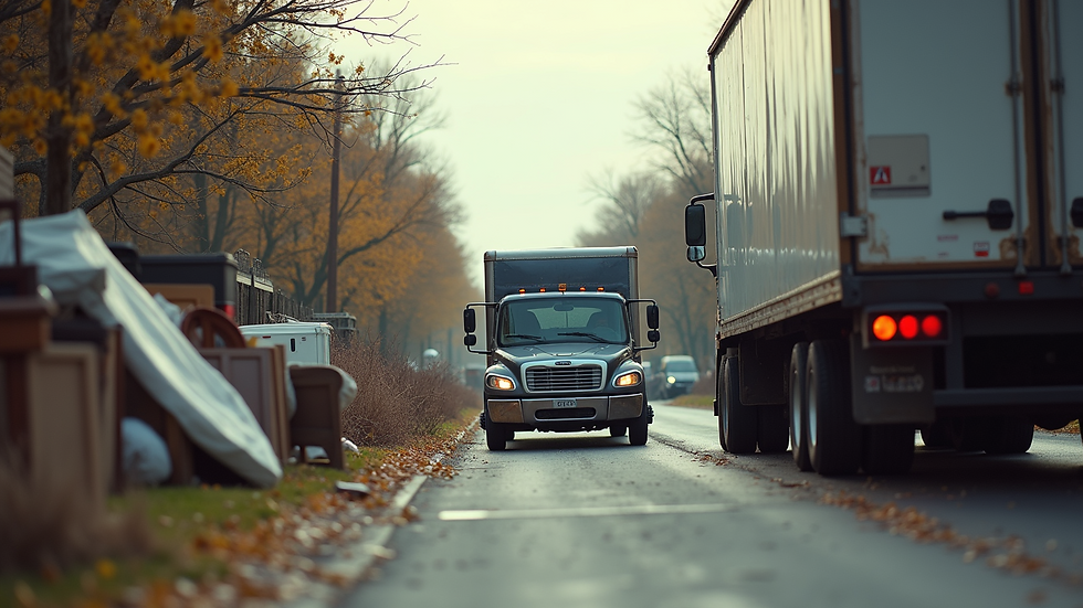 Eye-level view of a junk removal truck parked with some visible discarded furniture