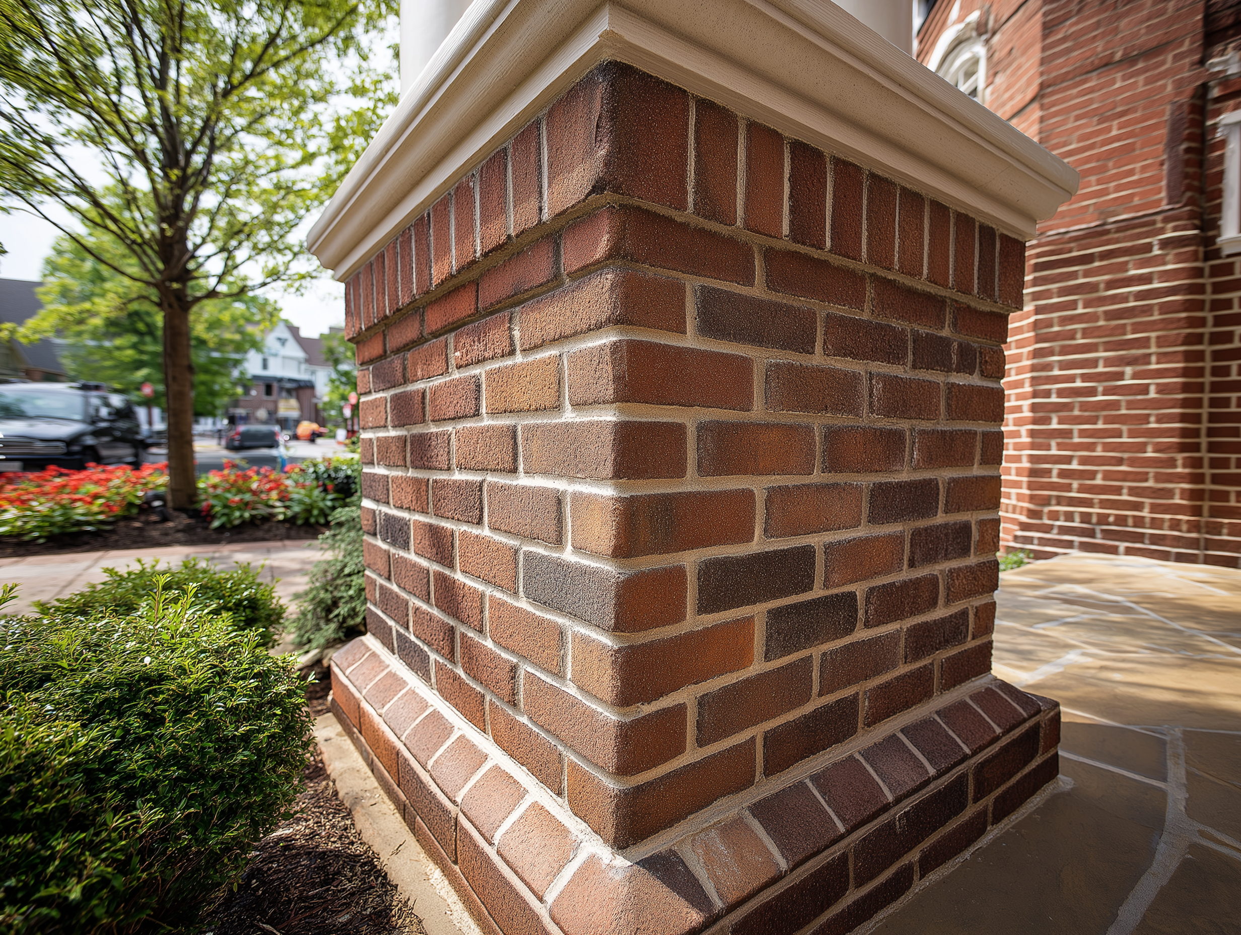 New brick wall under construction with string line and level