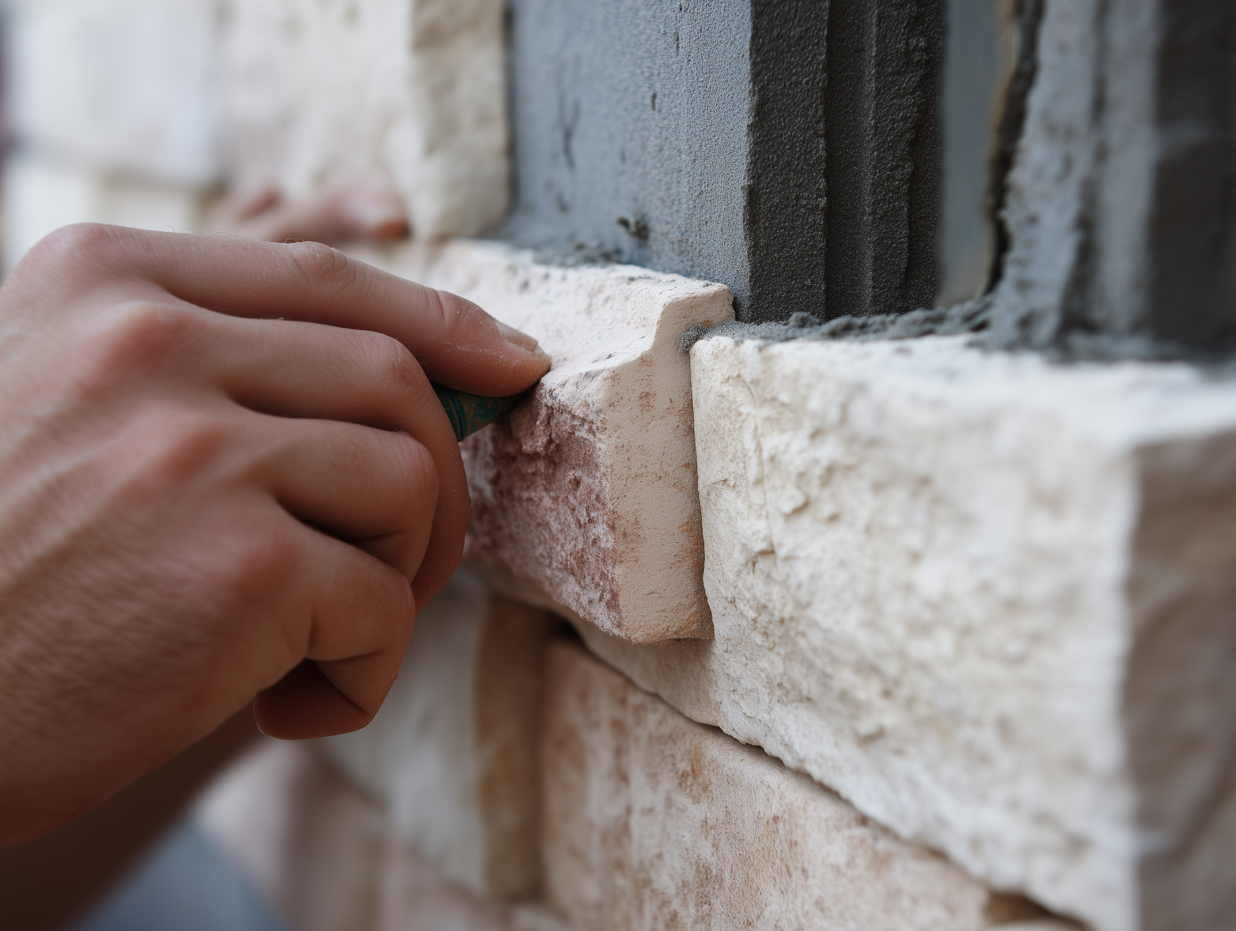 Close-up of hand placing stone veneer during installation.