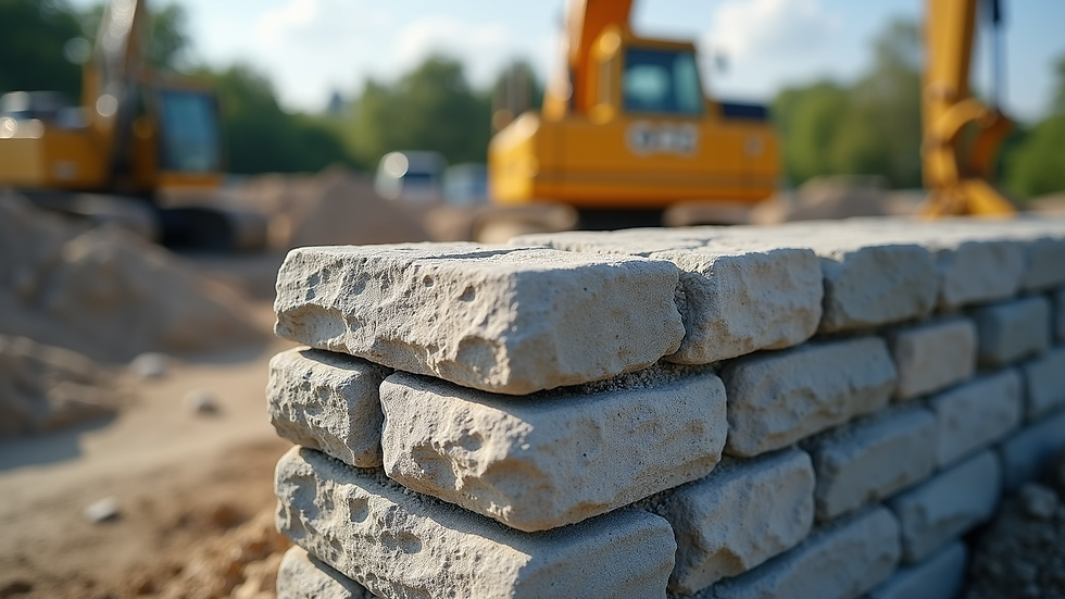High angle view of a newly built stone wall under construction