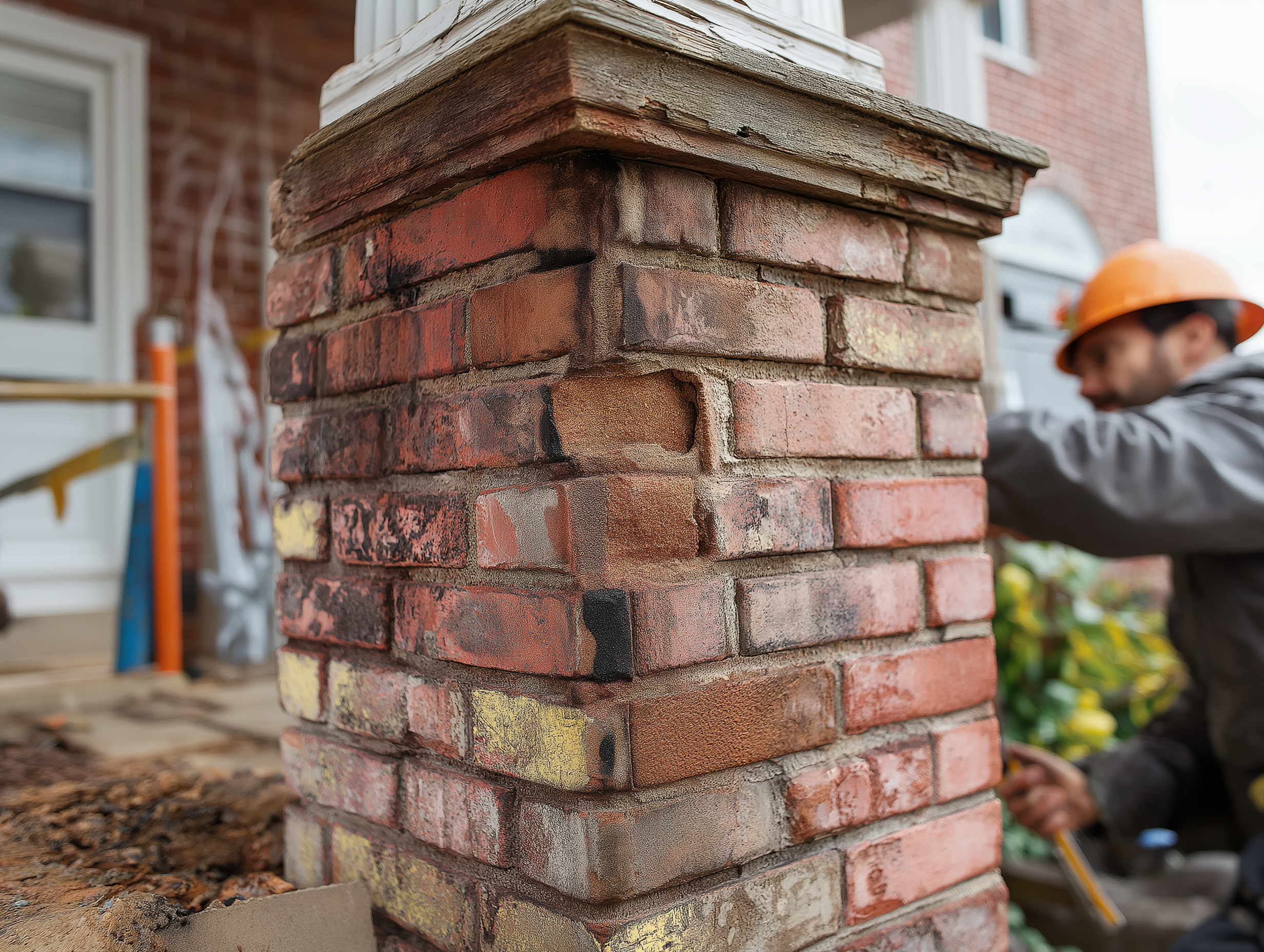 Bricklayer laying a new brick wall on a house addition
