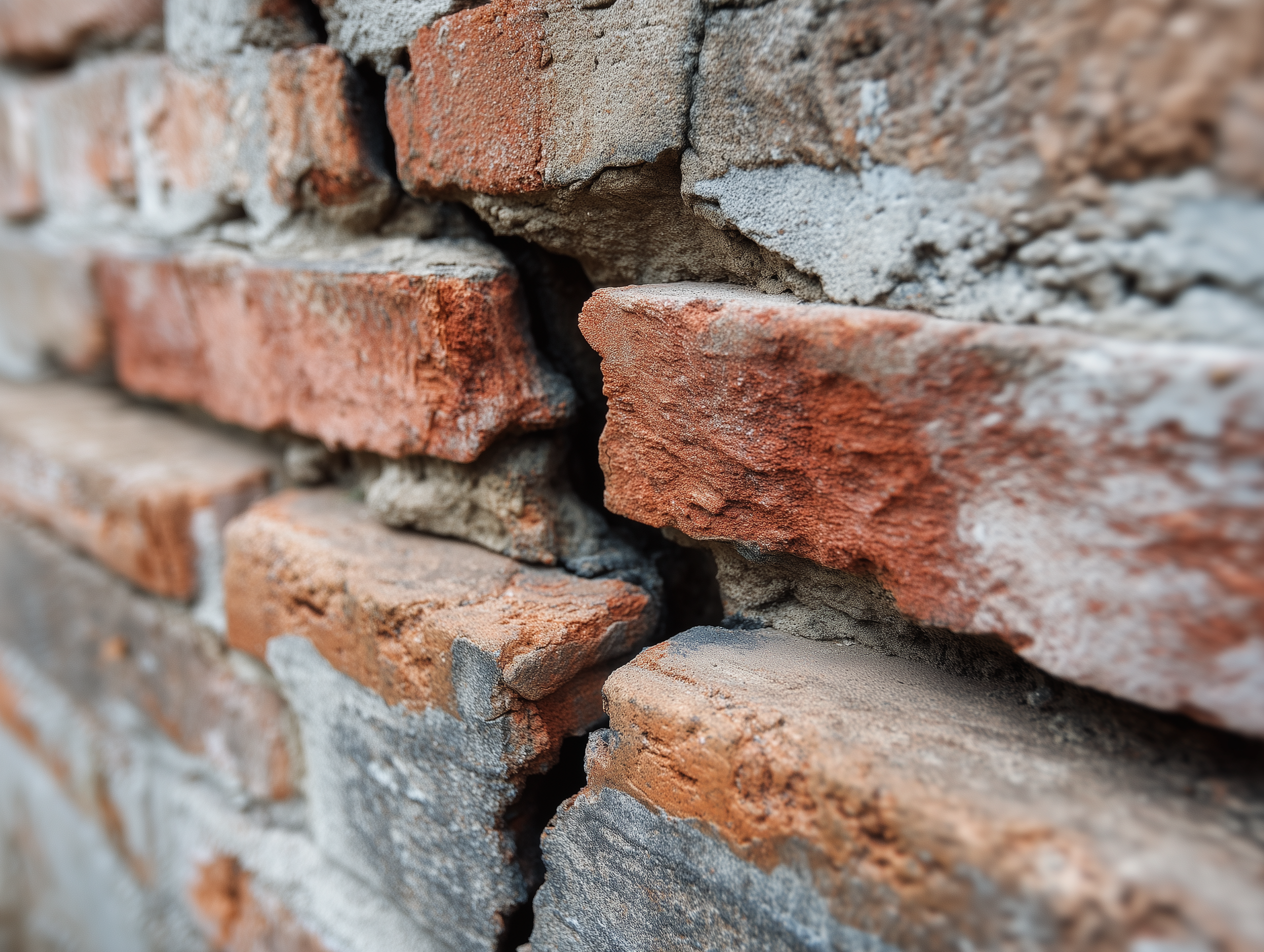 Close-up of cracked brick wall showing significant damage