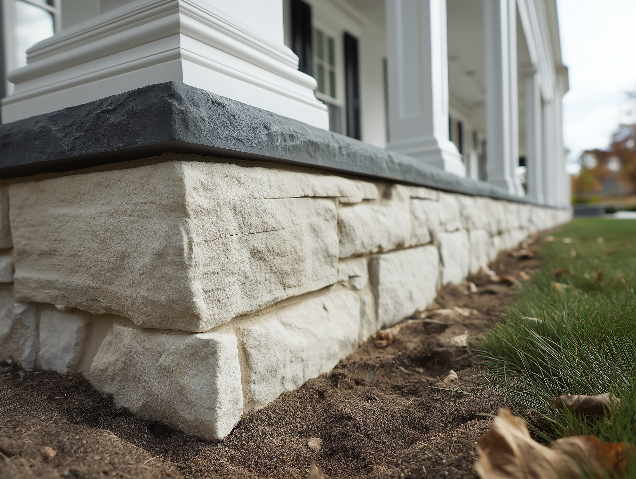 Off-white stone skirting and porch base completed by monarch masonry