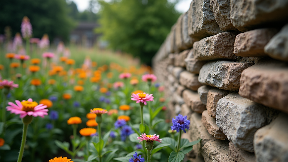 Eye-level view of a stone garden wall surrounded by vibrant flowers