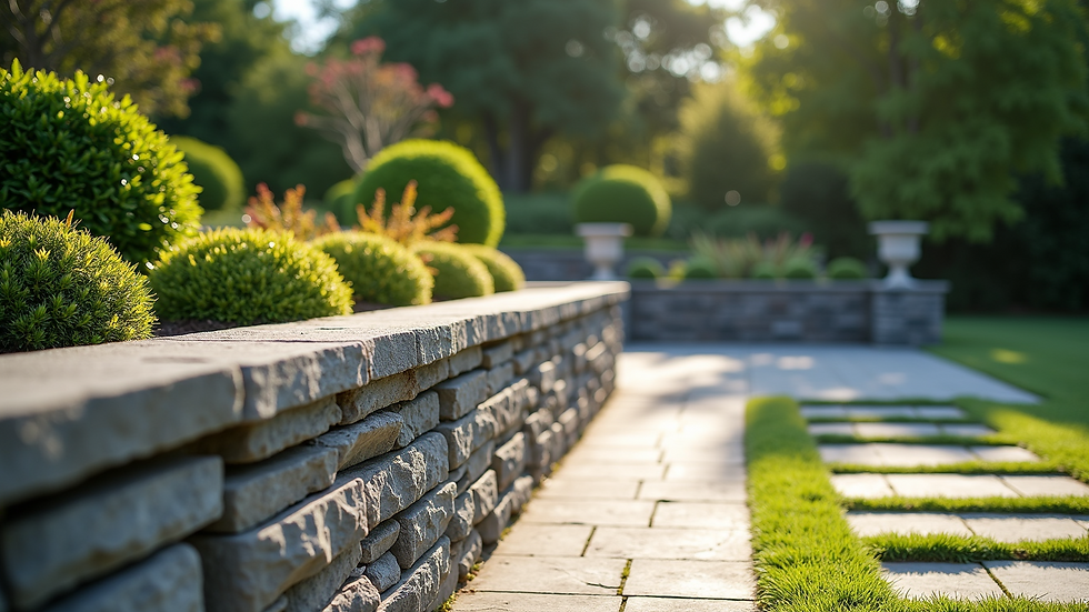 Wide angle view of a natural stone retaining wall in a landscaped garden