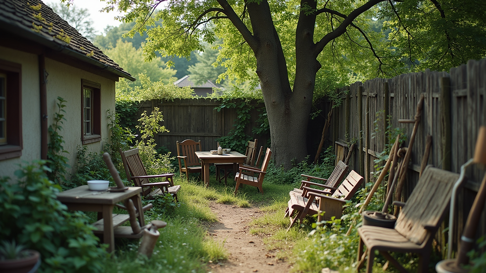 Wide angle view of an overgrown garden filled with old furniture and tools