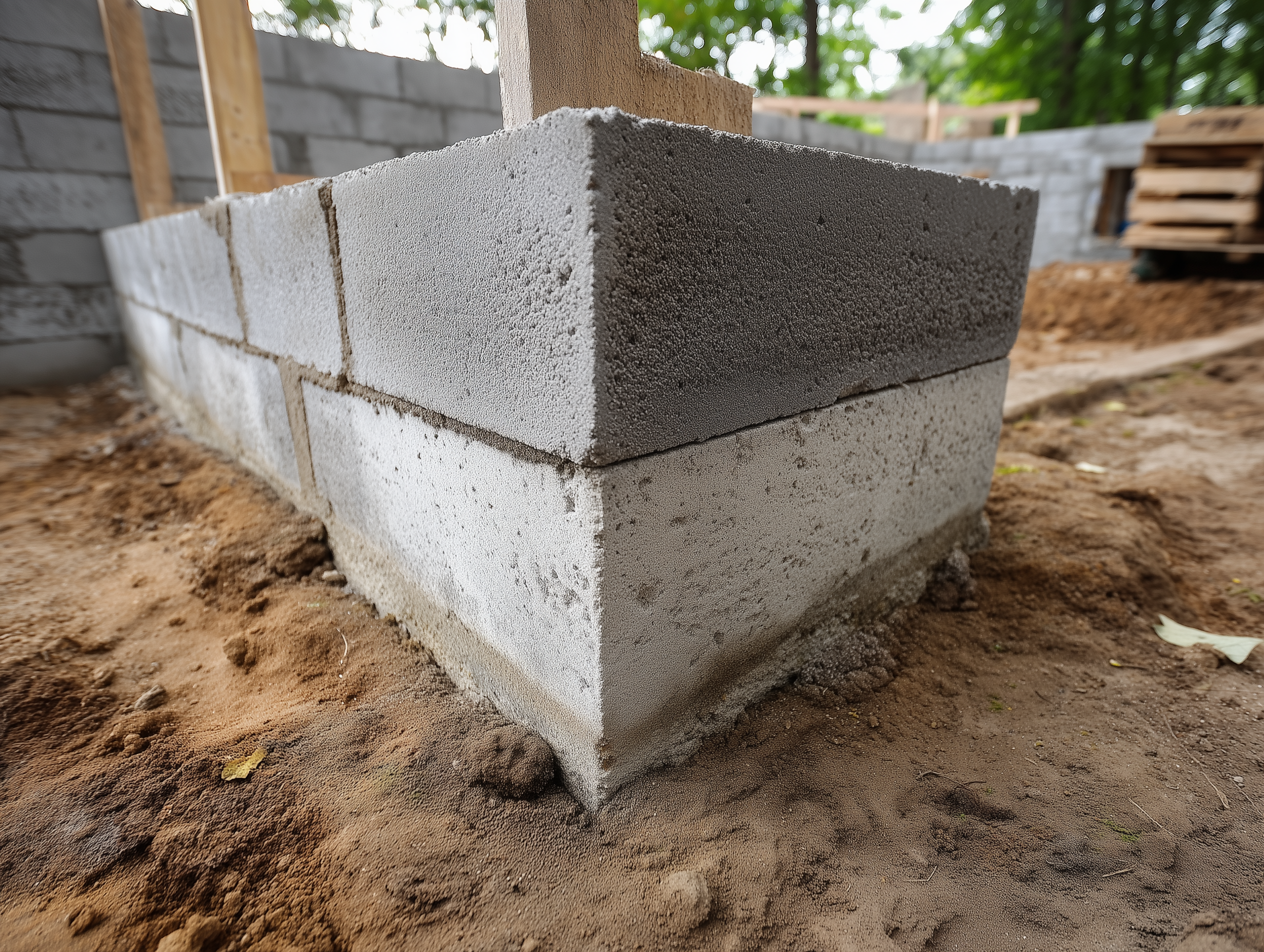 Masons building a concrete block wall