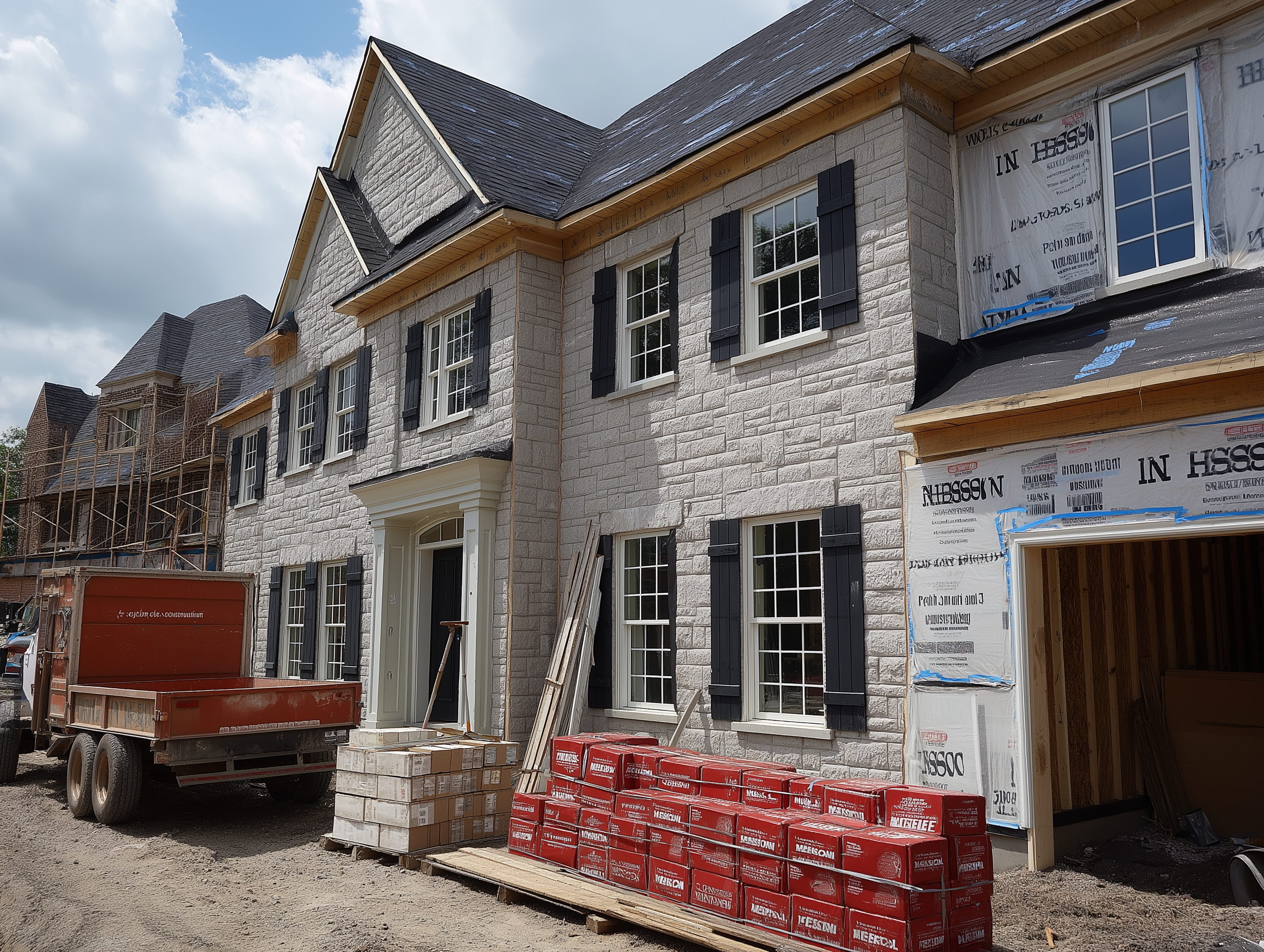 New house construction with stone exterior, black shutters done by Monarch Masonry located in Toronto, Ontario