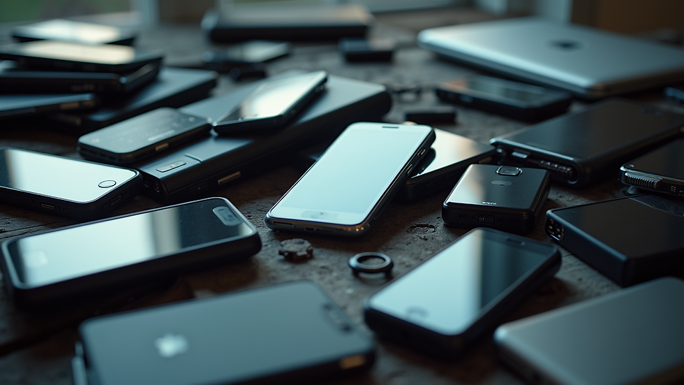 High angle view of a pile of discarded electronics including smartphones and laptops