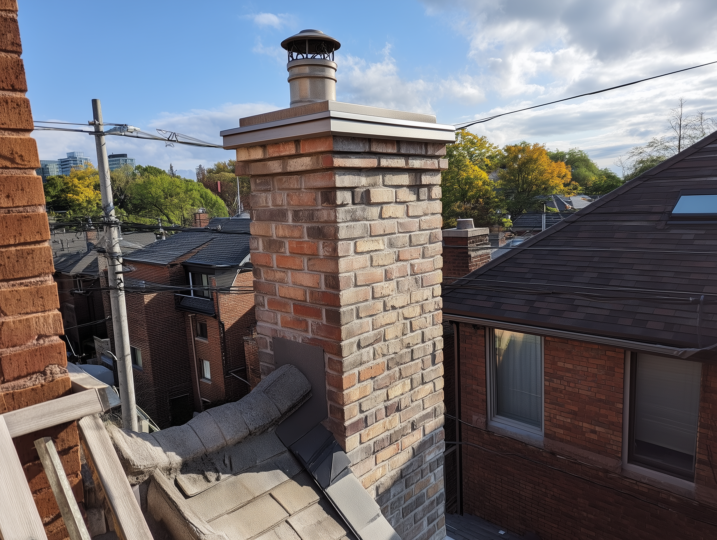 Masons taking down an old brick chimney on a roof