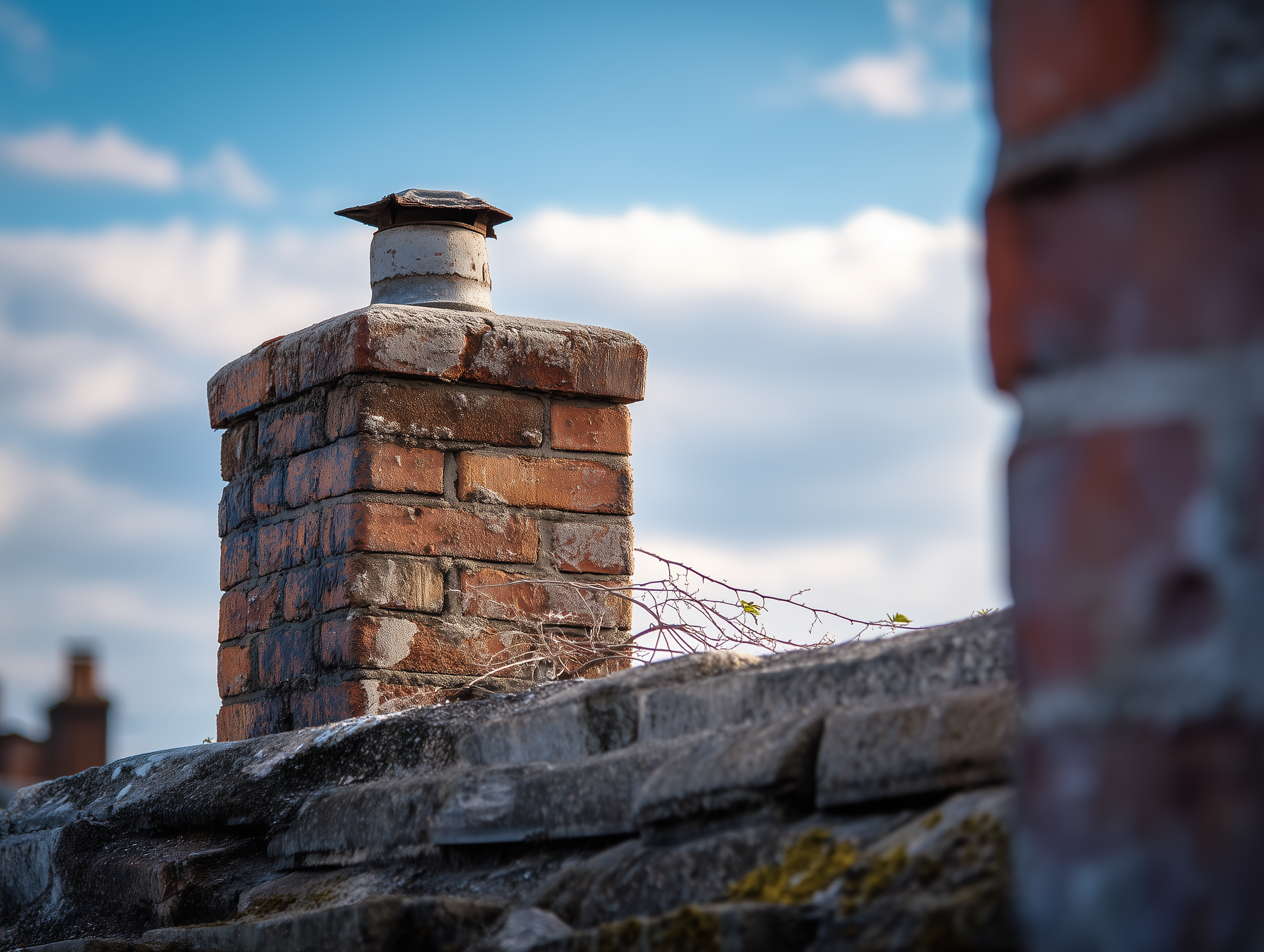 Weathered brick chimney with cap, rooftop view completed by Monarch Masonry