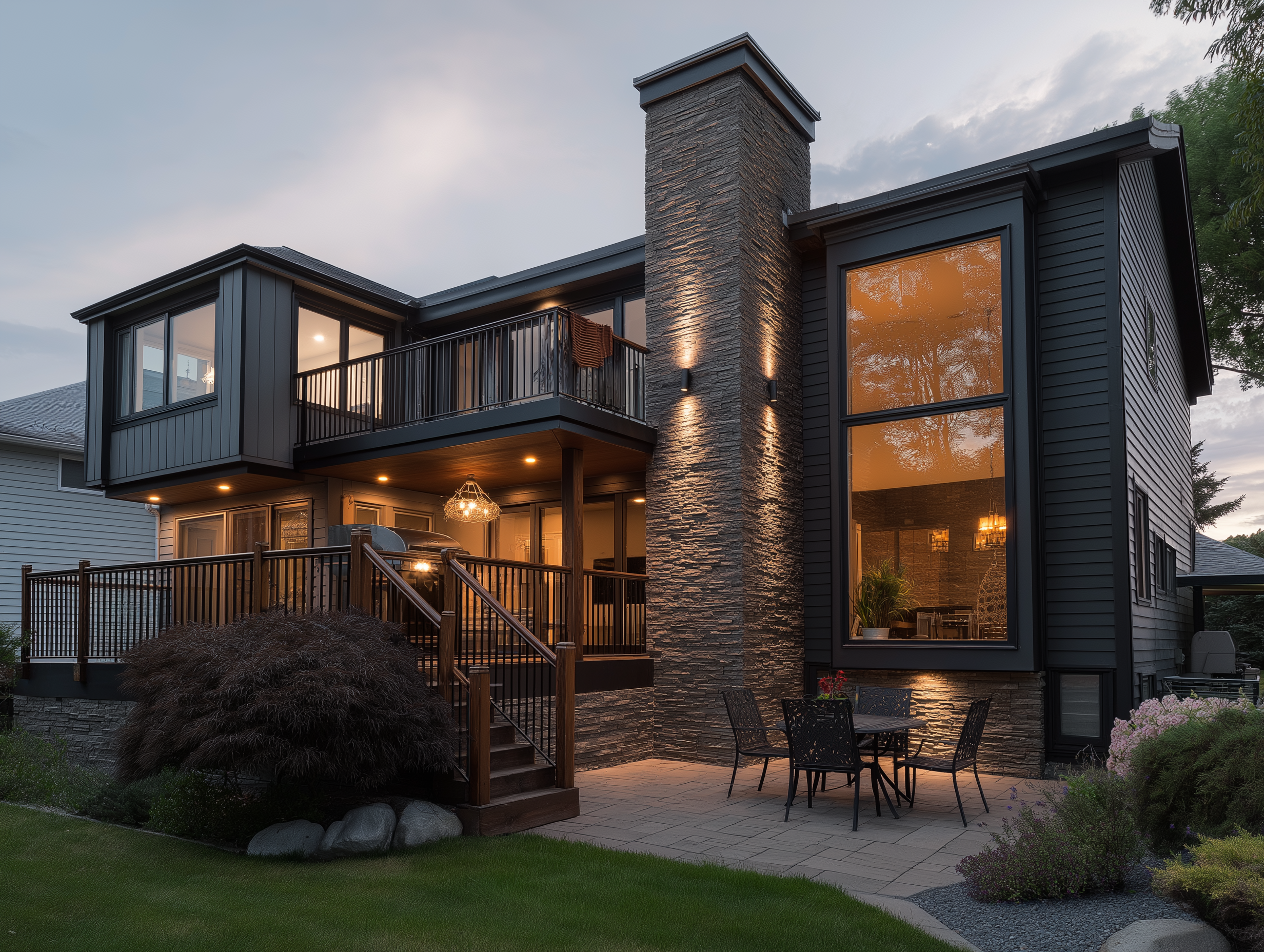 Modern home's exterior at dusk, showcasing a stone fireplace, deck, and patio furniture.