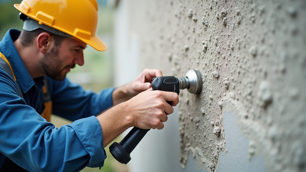 High angle view of professional administering stucco repair