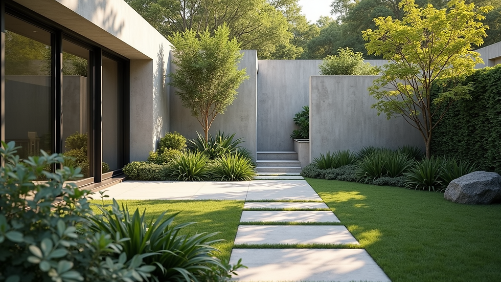 High angle view of a modern garden with a decorative wall