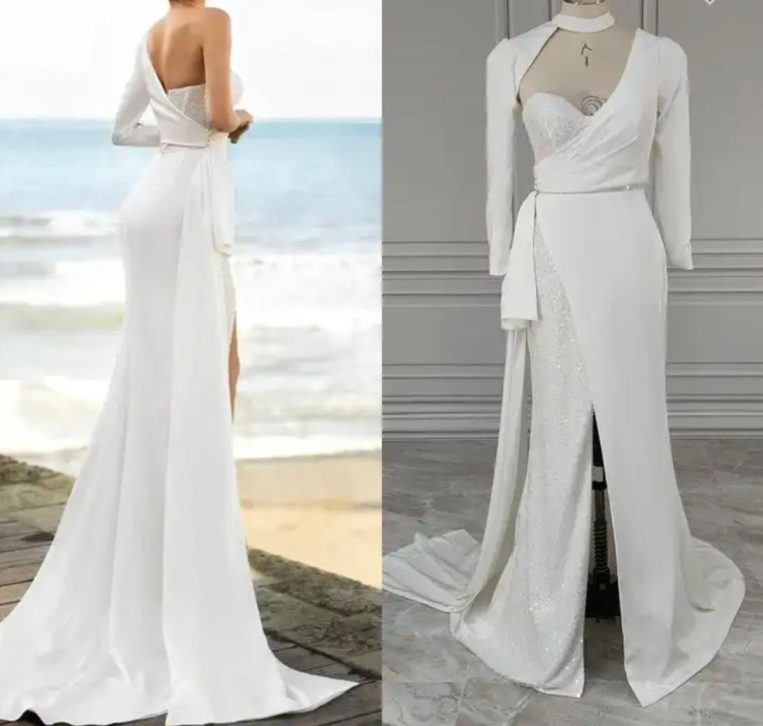 11763 - Sexy Beading High Side Slit Satin Wedding Dress