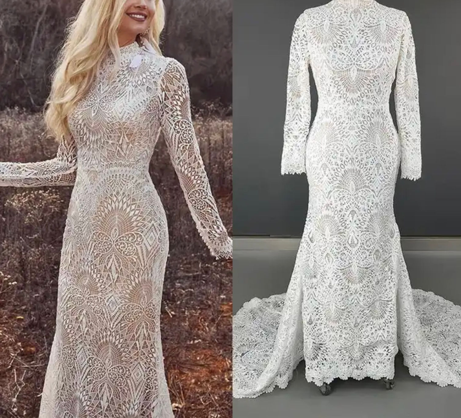 11797- Exquisite High Neck Long Sleeves Mermaid Wedding Dress