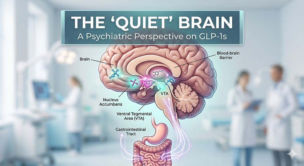 illustration showing the gut-brain axis and GLP-1 impact on the brain's reward centers including the Ventral Tegmental Area (VTA) and Nucleus Accumbens in a clinical setting.