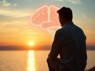 Person sitting at sunrise overlooking a calm lake with a subtle brain illustration representing ketamine research for depression and suicidal thoughts.