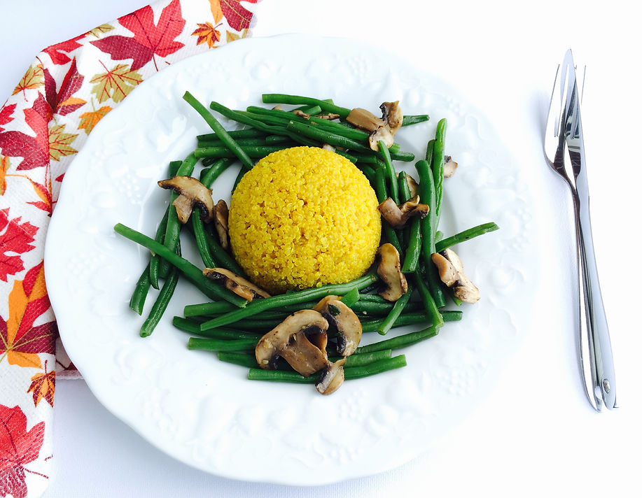 Vegan sunday meal, fall, quinoa, mushrooms, french beans, spicy, white wine, flavorful