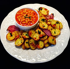 Bean Potato Bang, roasted potato, baked beans, side, garnish, vegan, fiery