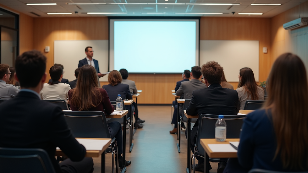 eye-level view of a seminar room with participants engaged in a leadership workshop