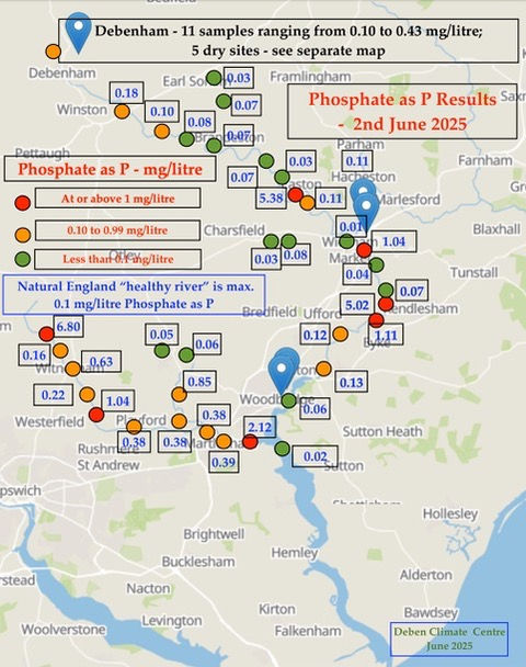 Map of environmental monitoring results for Phosphate along the River Deben. Results are represented by dots - they are quite mixed, but broadly there are more green dots (indicating a "healthy river") to the northeast, and more orange/red dots to the southwest