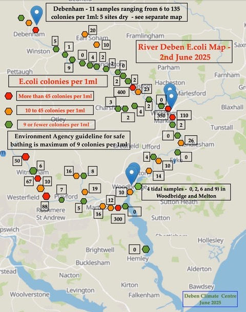 Map of environmental monitoring results for E.coli along the River Deben. Results are represented by dots - they are largely green (indicating safe bathing and a maximum of 9 colonie per 1ml) to the north, with a much more fairly mixed result below Witnesham and Wickham Market.