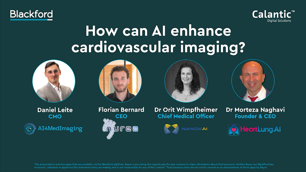 panel discussion graphic with the portrait photos of the panelist and the text: How can AI enhance cardiovascular imaging
