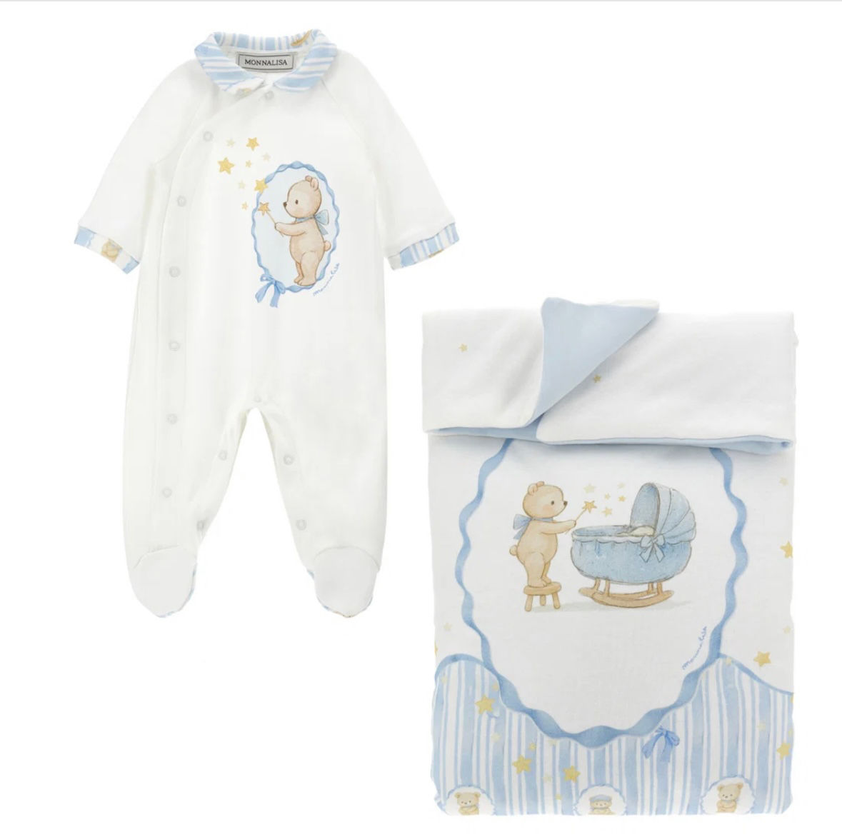 MONNALISA BABY BOYS TEDDY BEAR BABY GROW & BLANKET SET