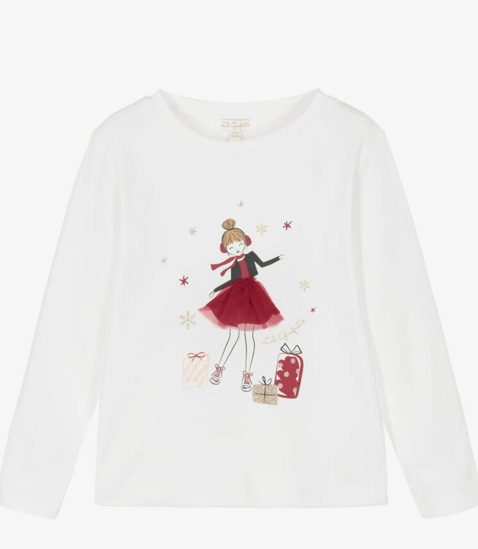 Lili Gaufrette White Cotton Top with Festive Girl Motif