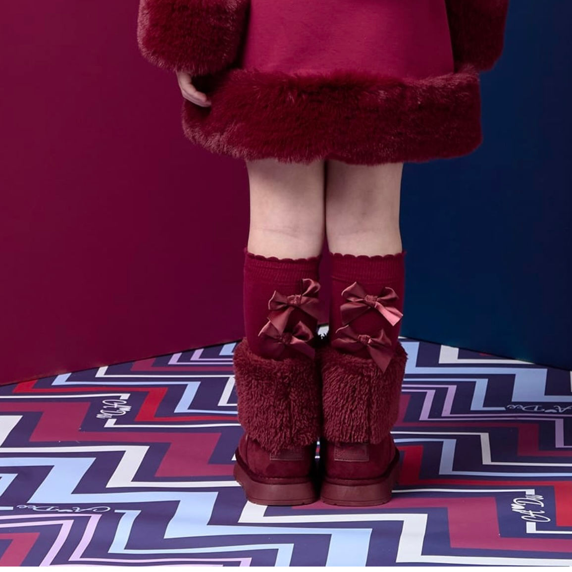 A DEE Chevron Charm Ariel Bow Knee High Socks - Deep Cherry