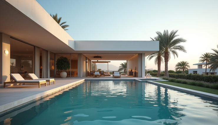 Eye-level view of a luxury villa with modern architecture and a private pool in Dubai