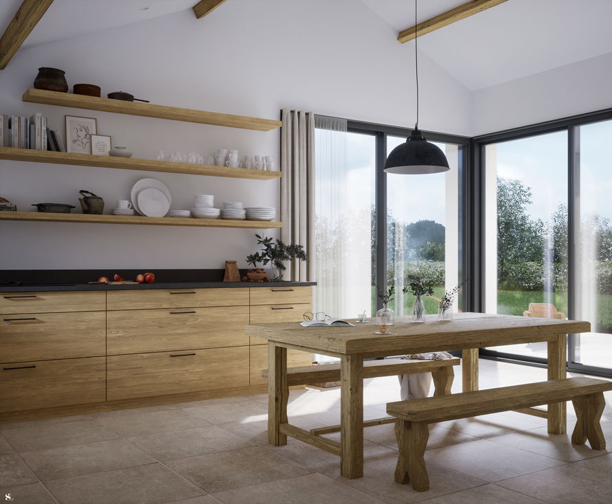 image 3d d'une cuisine en bois avec plan de travail noir, cuisine style campagne rustique, cuisine avec salle à manger, cuisine sous rempants, cuisine avec mur en pierre, 3D et Décoration réalisées par Sandra Leclerc, sandra leclerc