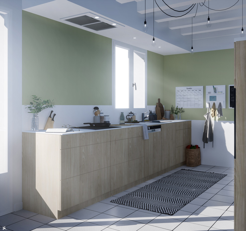 Sandra Leclerc - Décoratrice | Architecte d'intérieur | Infographiste 3D sur Saint Georges les Baillargeaux et Poitiers  : rendus 3d, vues 3d, cusine avec un mur vert, mur vert pomme cuisine, cuisine blanche plan de travail bois, cuisine blanche, cuisine noire plan de travail bois, cuisine bois plan de travail blanc, sandra leclerc