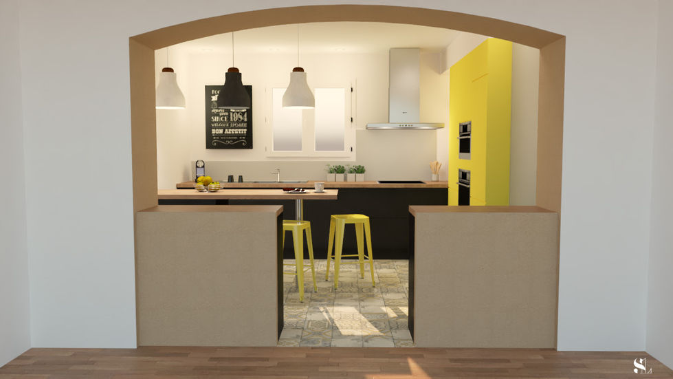 Sandra Leclerc - Décoratrice | Architecte d'intérieur | Infographiste 3D sur Saint Georges les Baillargeaux et Poitiers  : rendus 3d, vues 3d, cuisine noire et jaune, cuisine noire et blanche, cuisine noire et bleue, cuisine blanche et bois, cuisine carrelage carreaux de ciment, carreaux de ciment cuisine, sandra leclerc