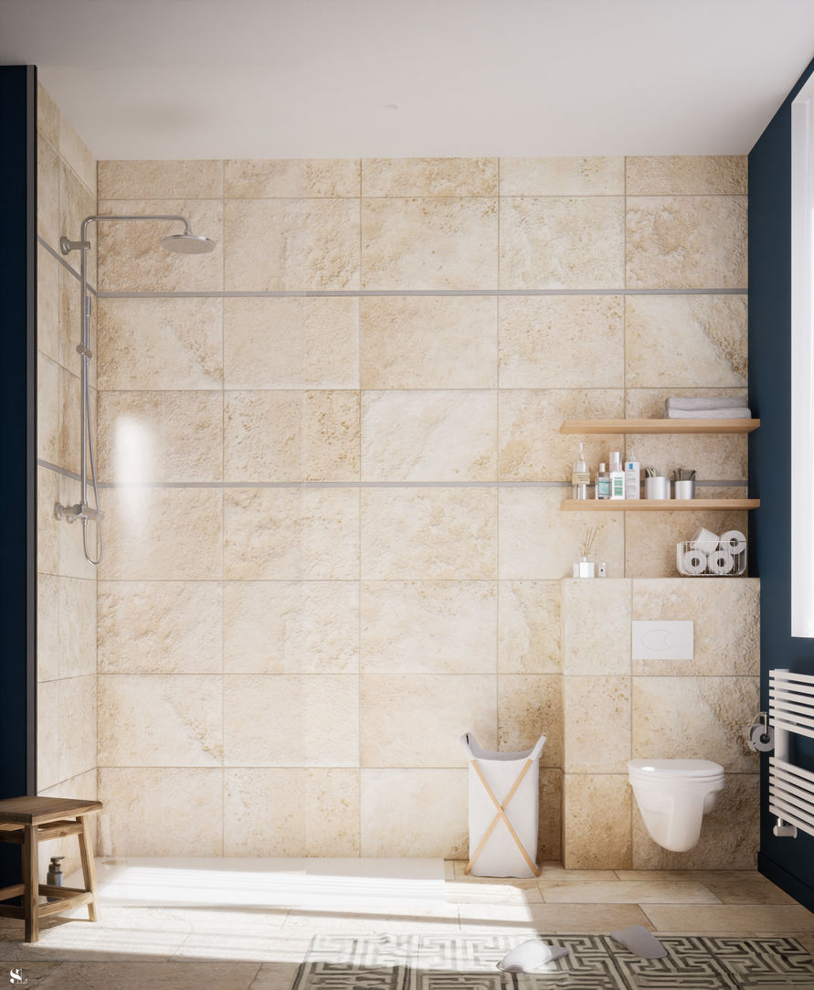 salle d'eau bleue pétrole avec carrelage pierre en 3D, salle d'eau bleue pétrole avec vasques pour personnes handicapées, 3D et Décoration réalisées par Sandra Leclerc, sandra leclerc