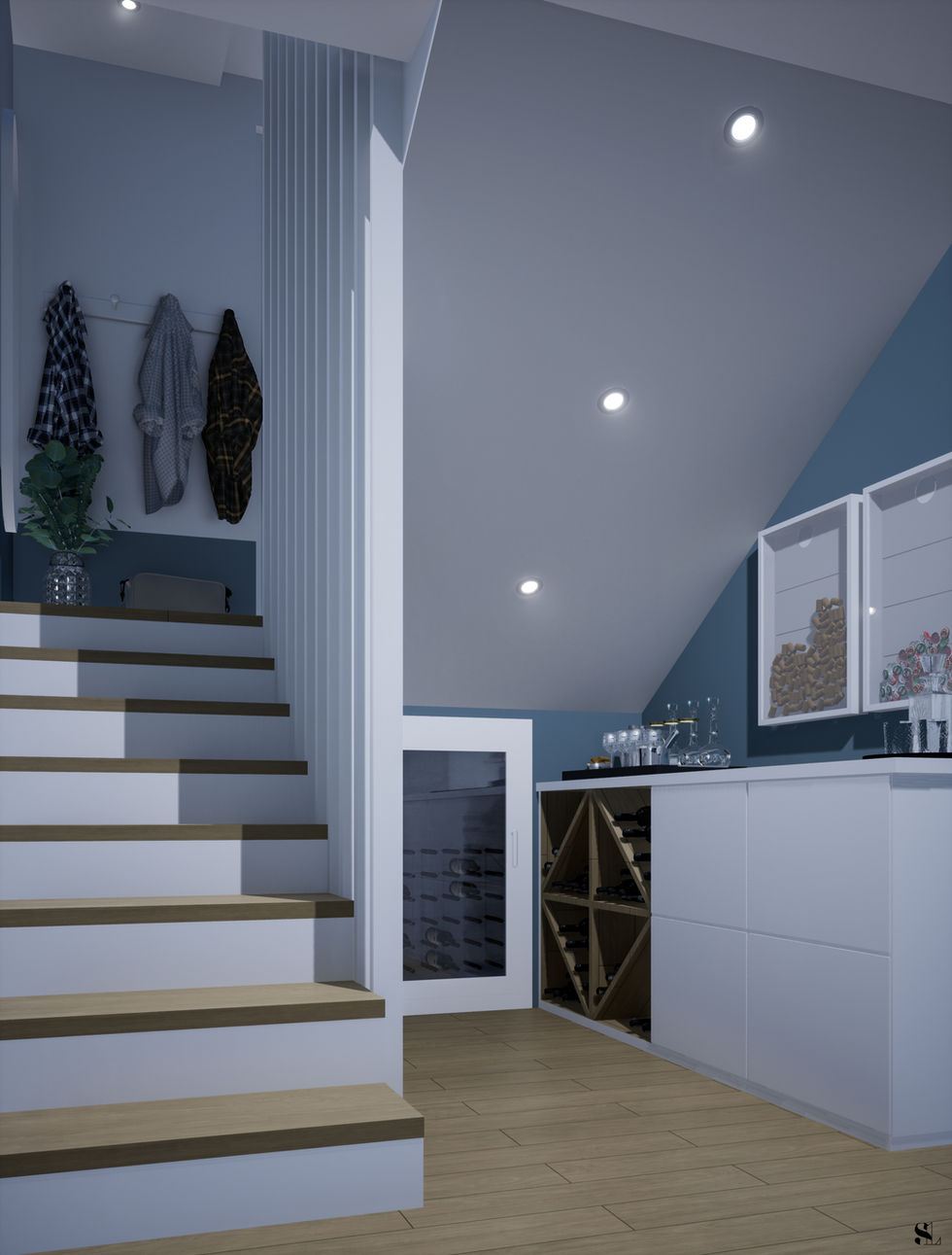 Sandra Leclerc - Décoratrice | Architecte d'intérieur | Infographiste 3D sur Saint Georges les Baillargeaux et Poitiers  : rendus 3d, vues 3d, entrée escalier, petite entrée design, petite entrée maison, garde corps en bois, garde corps design, garde corps cable, garde corps toute hauteur, garde corps sur trois étage, cave, cave à vins, sandra leclerc