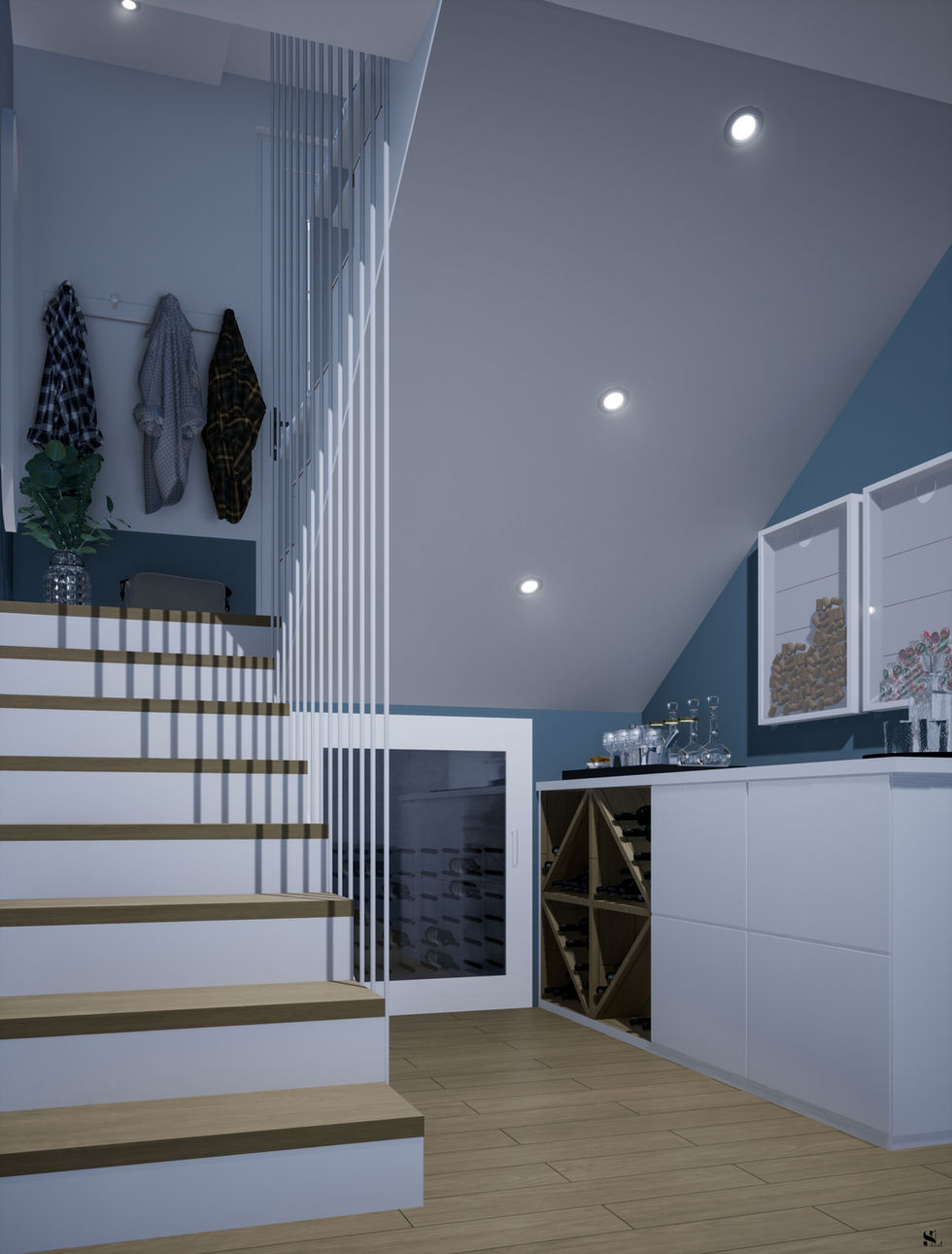 Sandra Leclerc - Décoratrice | Architecte d'intérieur | Infographiste 3D sur Saint Georges les Baillargeaux et Poitiers  : rendus 3d, vues 3d, entrée escalier, petite entrée design, petite entrée maison, garde corps en bois, garde corps design, garde corps cable, garde corps toute hauteur, garde corps sur trois étage, cave, cave à vins, sandra leclerc