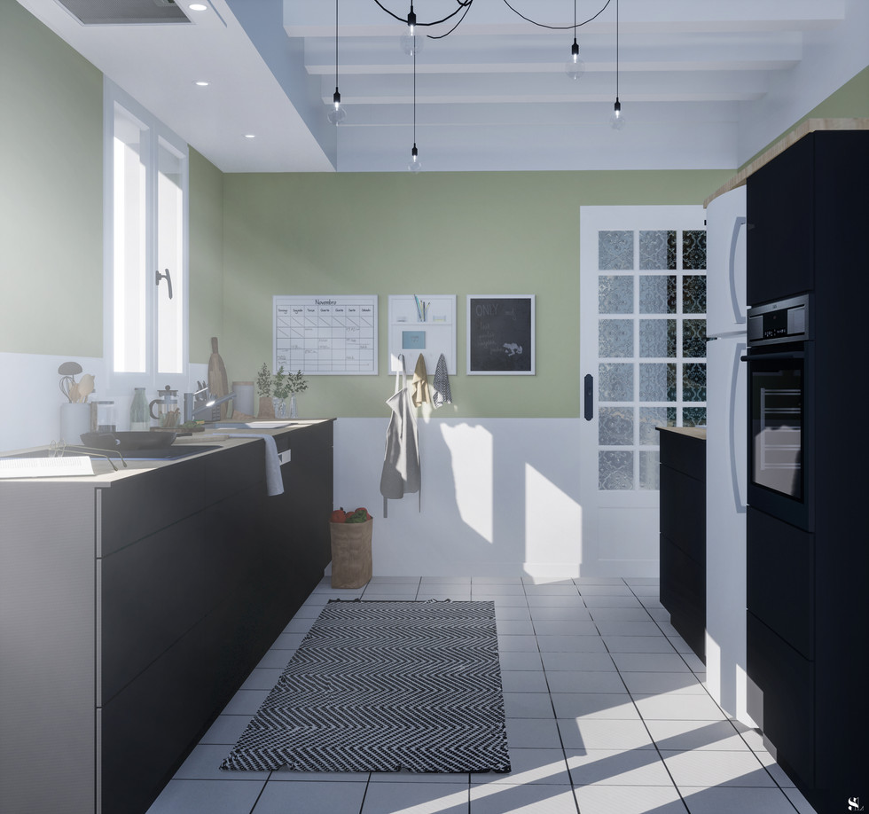 Sandra Leclerc - Décoratrice | Architecte d'intérieur | Infographiste 3D sur Saint Georges les Baillargeaux et Poitiers : rendus 3d, vues 3d, cusine avec un mur vert, mur vert pomme cuisine, cuisine blanche plan de travail bois, cuisine blanche, cuisine noire plan de travail bois, cuisine bois plan de travail blanc, sandra leclerc