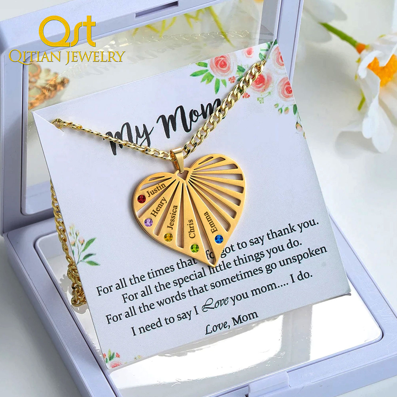Personalized Heart Birthstone Name Necklace/Custom Engrave 1-8 Names Birthstone