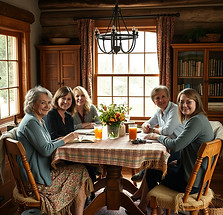 Six thirty or forty something women writers sitting around table in rustic home.jpg