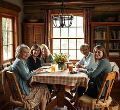 Six thirty or forty something women writers sitting around table in rustic home.jpg