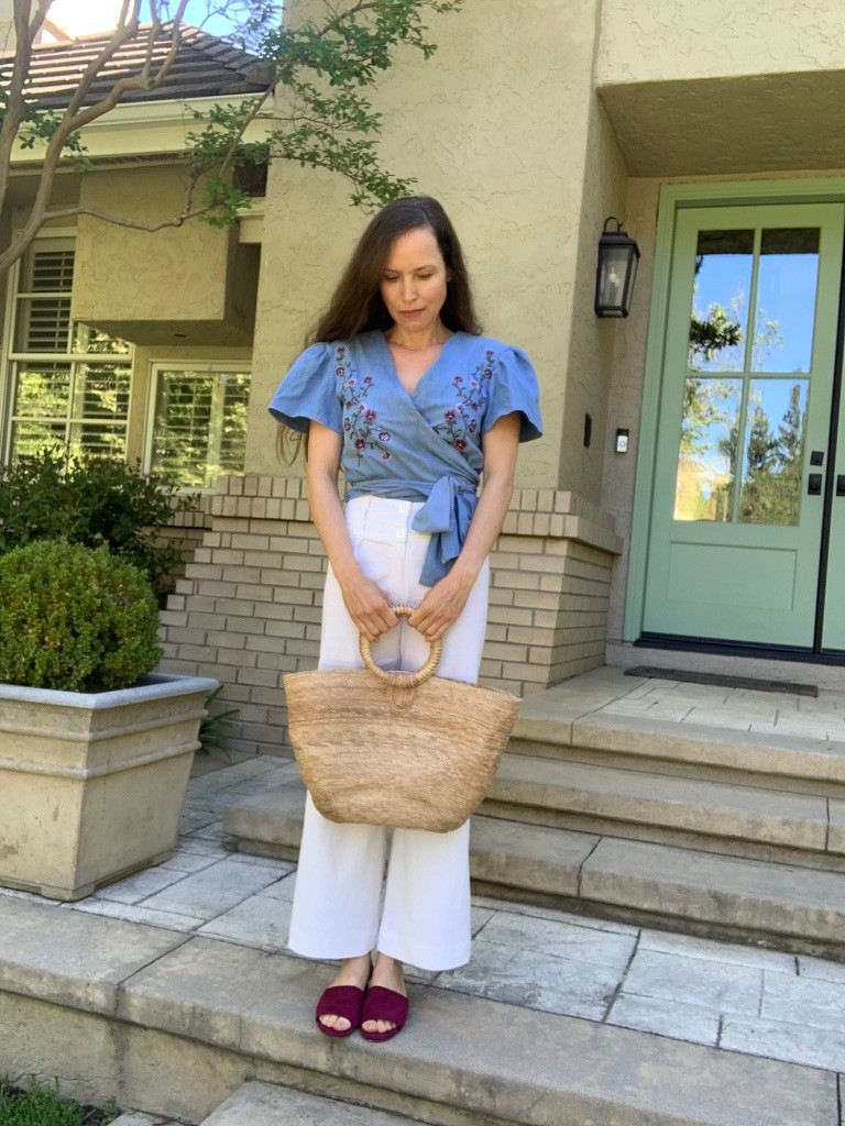 finished Upcycled Cat Lady Shirt into Romantic Wrap style blouse