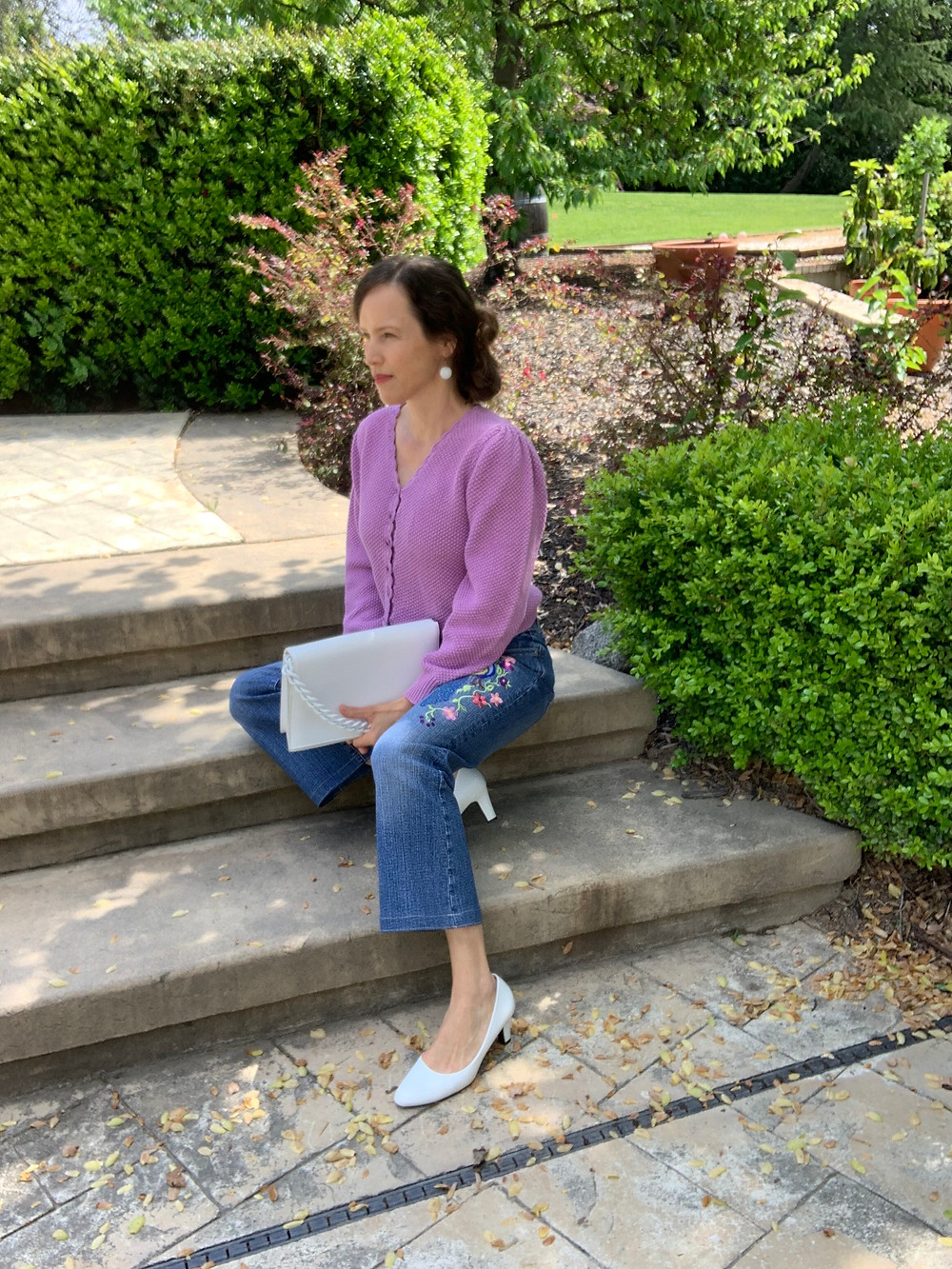 finished crop flare jeans with white heels and lavendar sweater