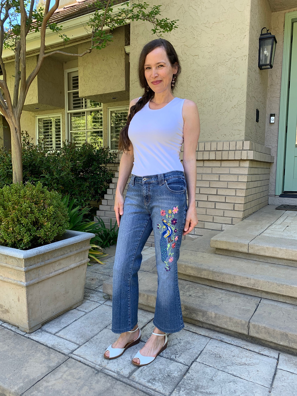 finished crop flare jeans with white patent leather sandals