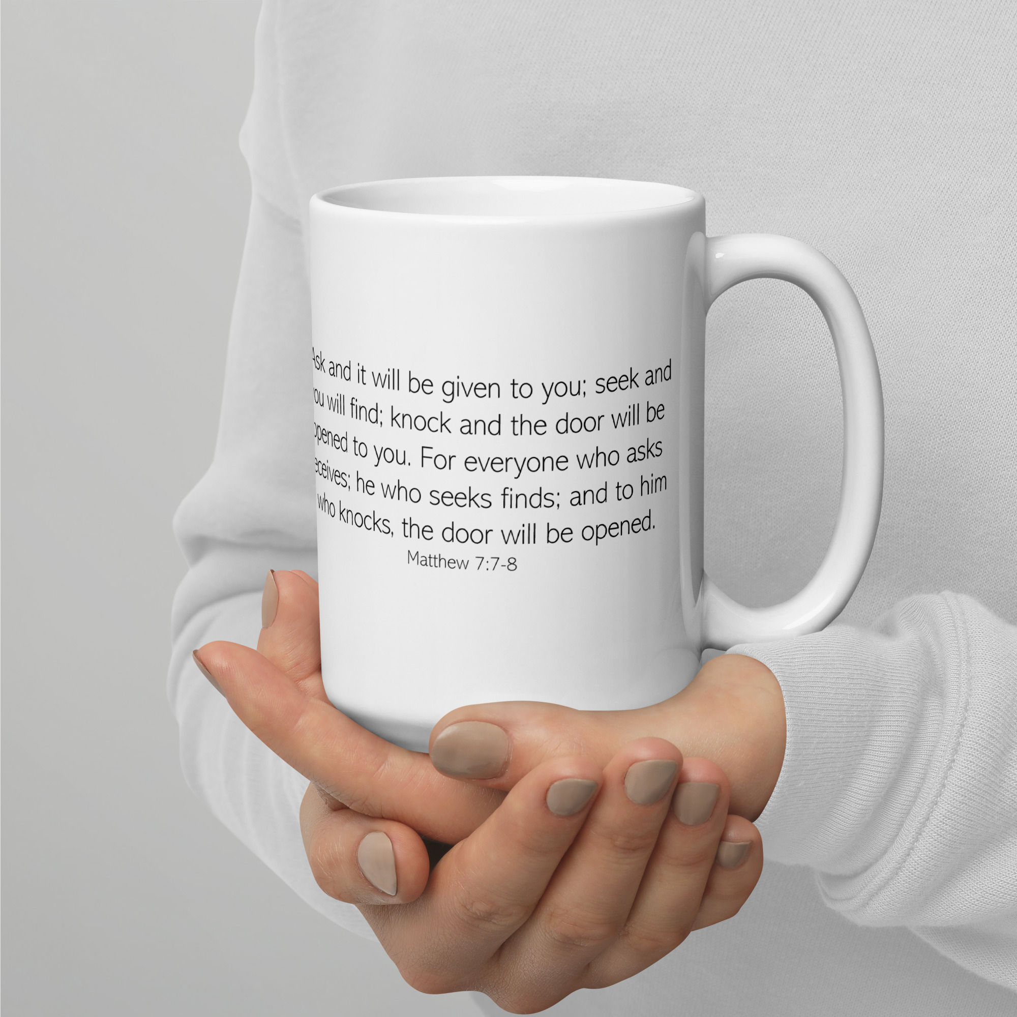 Matthew 7:7-8 White glossy mug