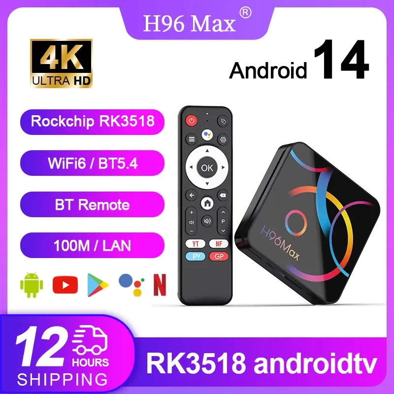 TV Box H96Max 4K Android 14 Quad Core com Controle por Voz