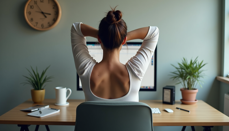 Eye-level view of a person sitting at a desk performing a neck stretch exercise
