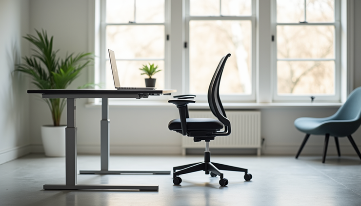 Eye-level view of an adjustable standing desk with a laptop and ergonomic chair